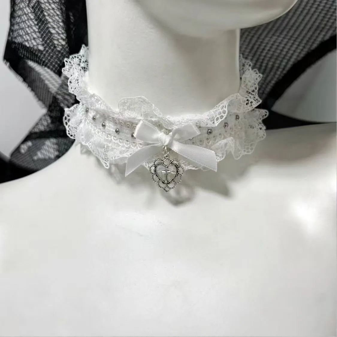 Black Lace Bow Cross Choker