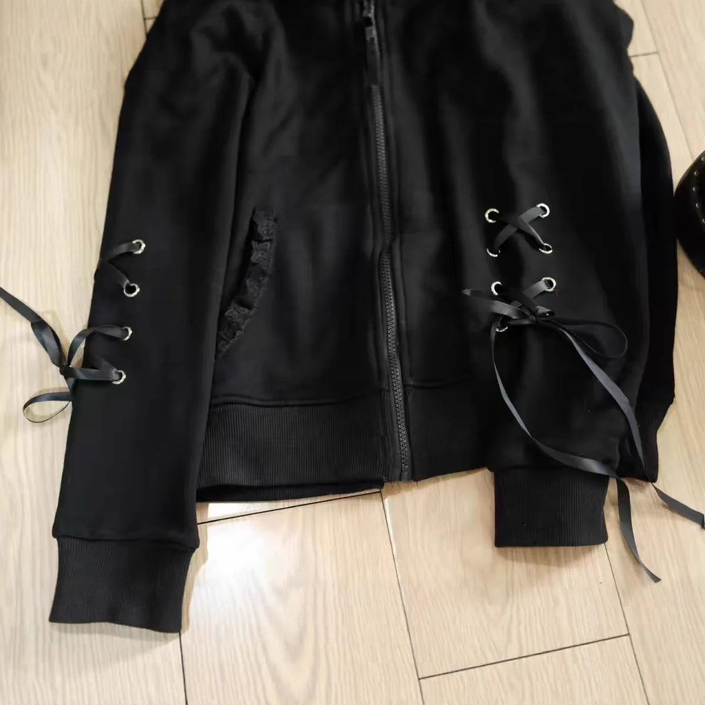 Cat Ear Cross Zip-Up Hoodie with Lace-Up Sleeves