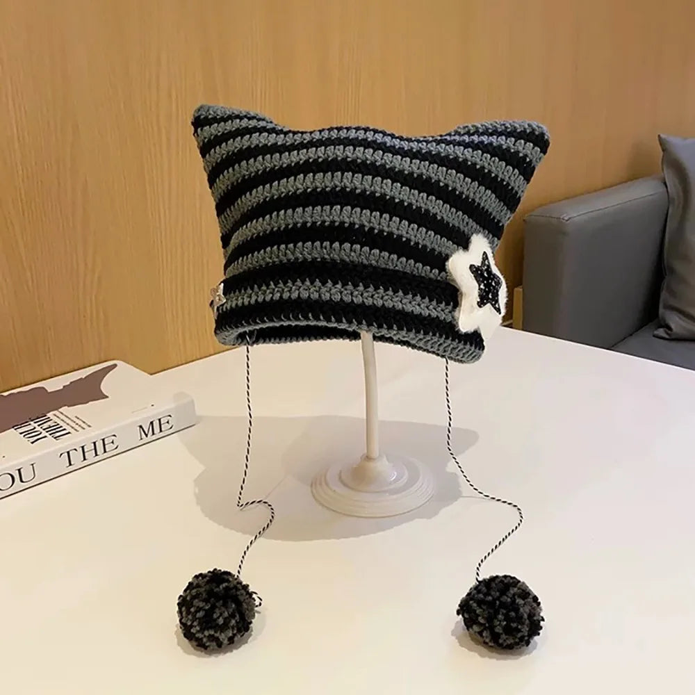 Devil Ear Striped Knit Beanie