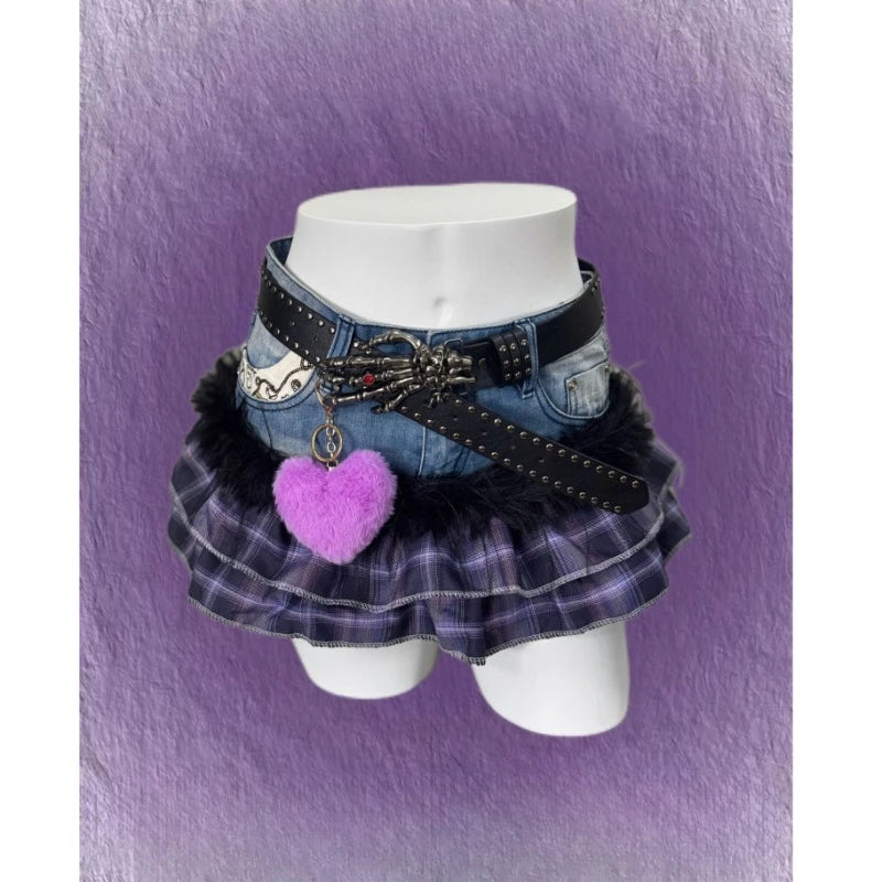 Plaid Layered Ruffle Skirt with Butterfly Belt