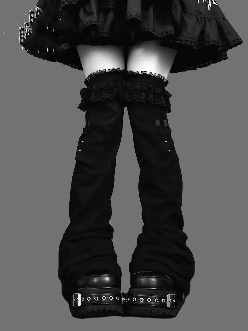 Lace Flare Leg Warmers with Cross Studs