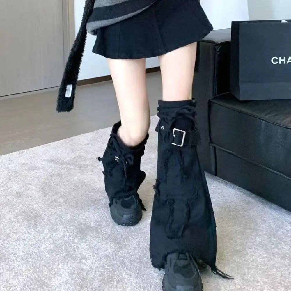 Distressed Denim Buckle Leg Warmers