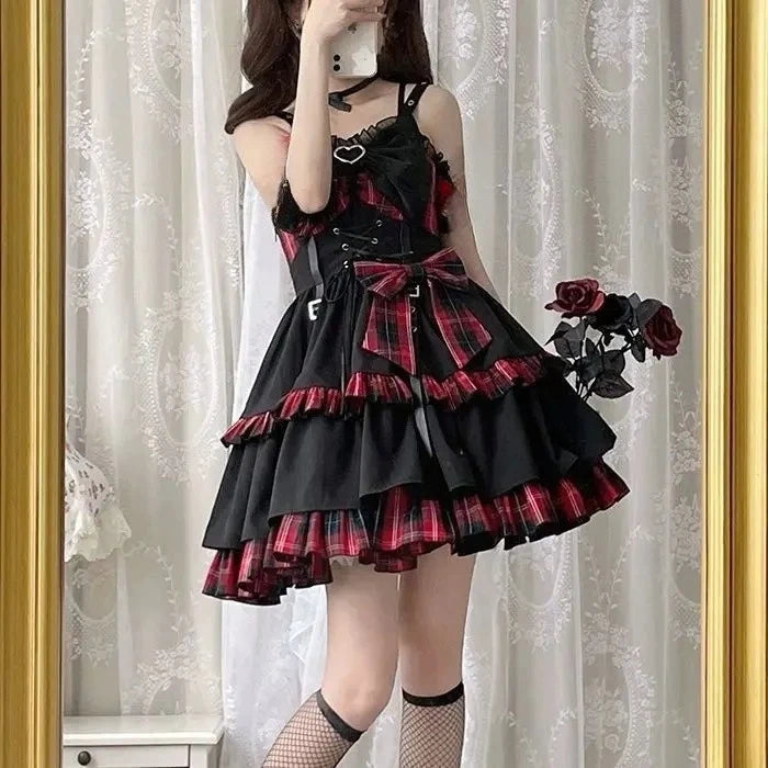 Plaid Lace-Up Heart Bow Lolita Dress