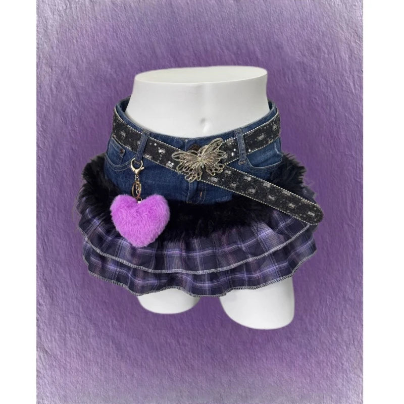 Plaid Layered Ruffle Skirt with Butterfly Belt