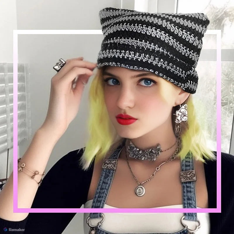 Striped Cat Ear Crochet Beanie