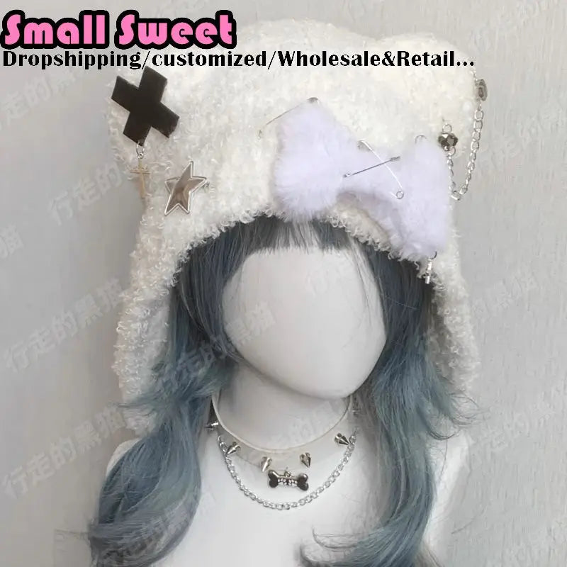 Fuzzy Bear Ear Hat with Cross & Star Charm