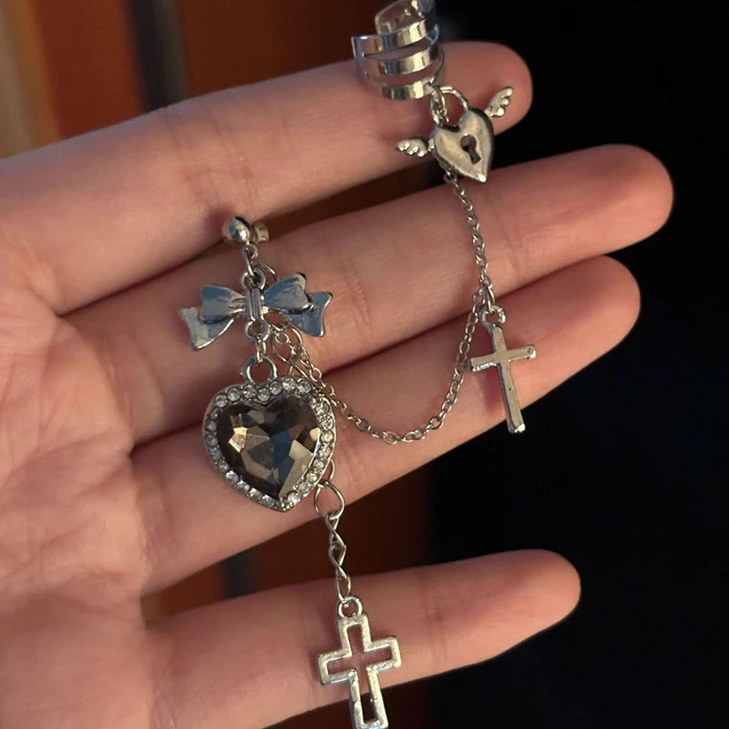 Punk Gothic Black Crystal Heart Cross Chain Earring for Men Women Hip Hop Metal Cross Ear Clip on Earrings Girls Jewelry Gifts