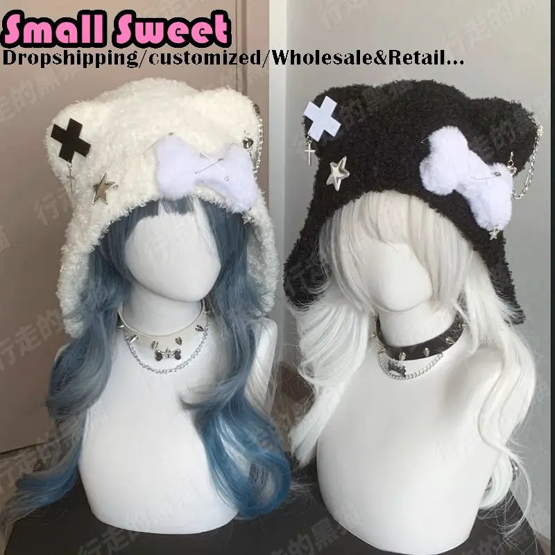 Fuzzy Bear Ear Hat with Cross & Star Charm