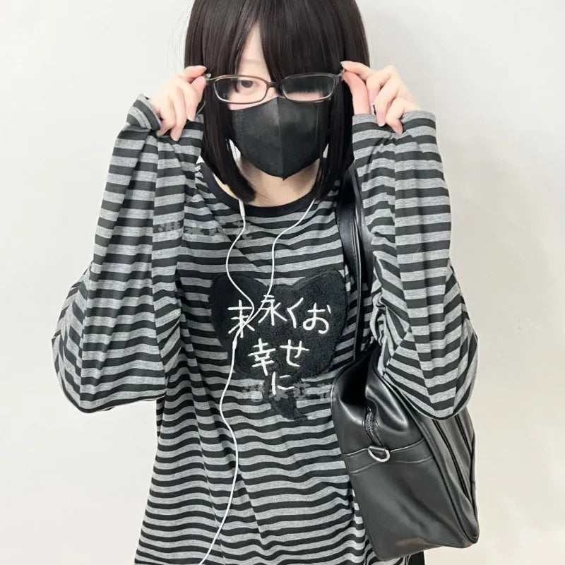 Punk Cat Patch Long Sleeve Striped Tee