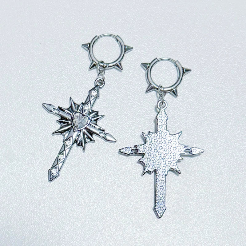 Thorn Spiked Heart Cross Drop Earrings