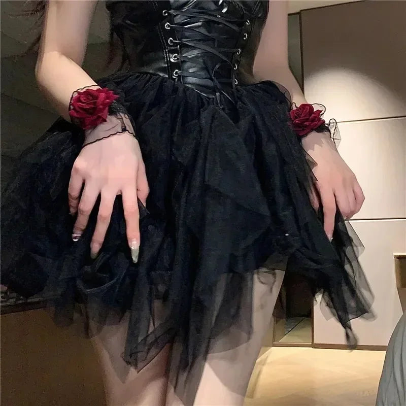 New Fashion Gothic Ruffle Lace Red Rose Wristbands Lolita Charm Bracelets Flower Mesh Hand Ornaments Lace Wristbands Accessories