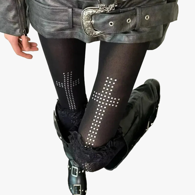 Rhinestone Cross Sheer Tights
