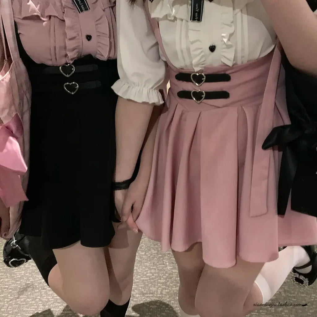 High-Waist Suspender Pleated Mini Skirt