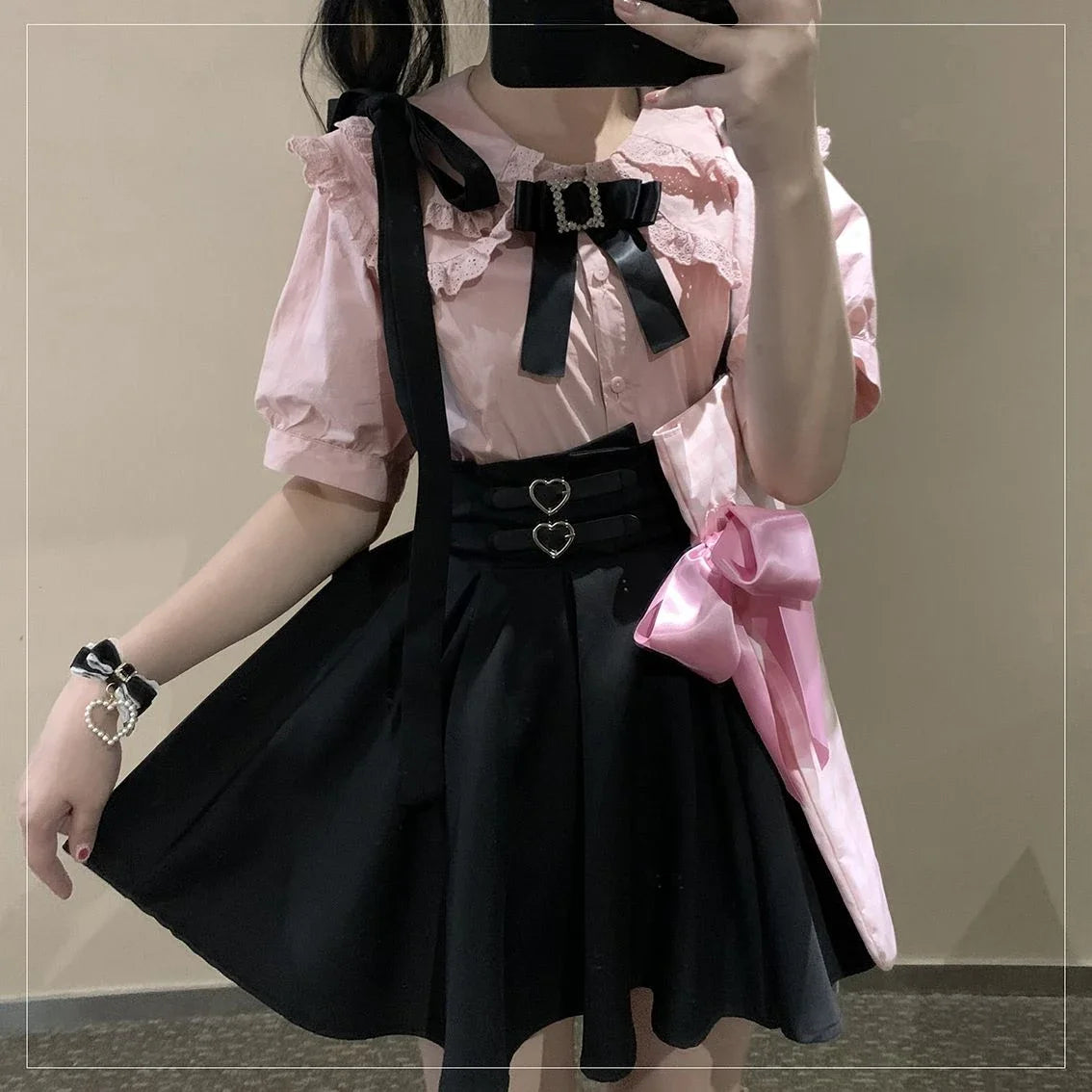 High-Waist Suspender Pleated Mini Skirt