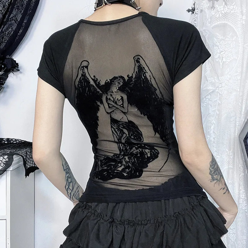 Angel Print Mesh Top - Tops & Dresses for Jirai Kei, gothic & kawaii style | Cute Splikes