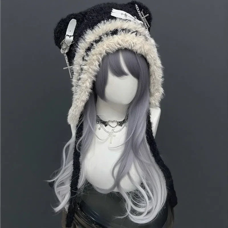 Fuzzy Bear Ear Knit Beanie with Chains & Cross