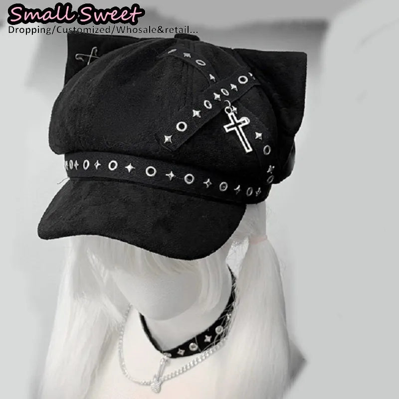 Suede Cat Ear Beret with Star & Cross