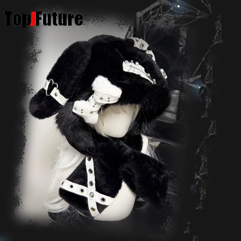 Furry Bunny Ear Hat with Star Band & Cross