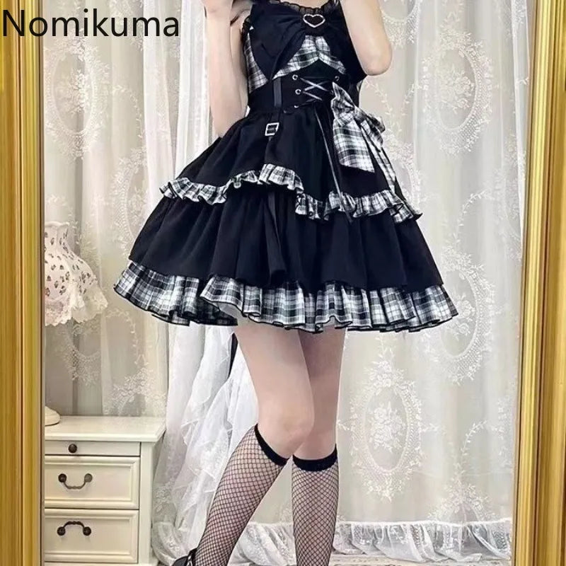 Plaid Lace-Up Heart Bow Lolita Dress