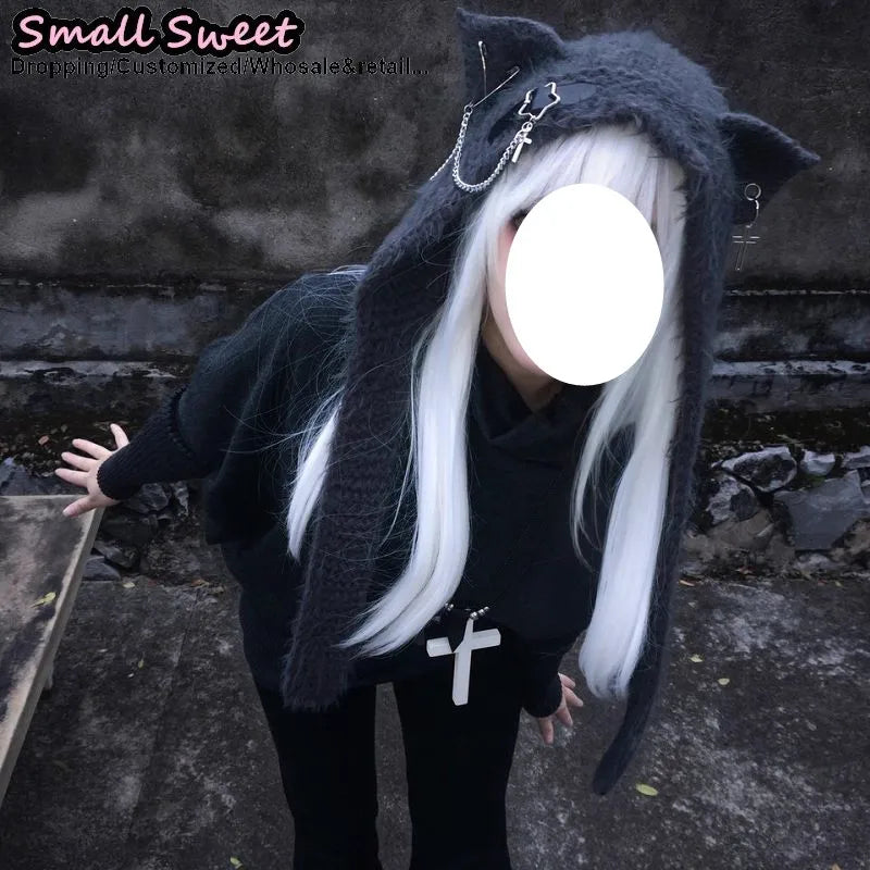 Knit Cat Ear Hood Hat with Scarf Ties