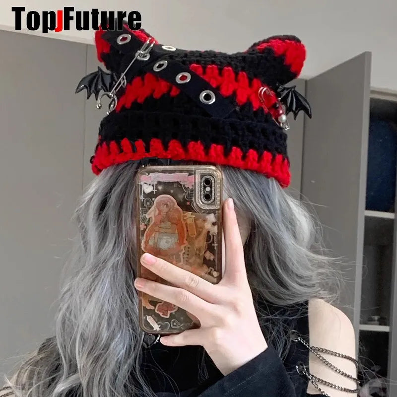 Crochet Cat Ear Beanie with Bat Wing Charms