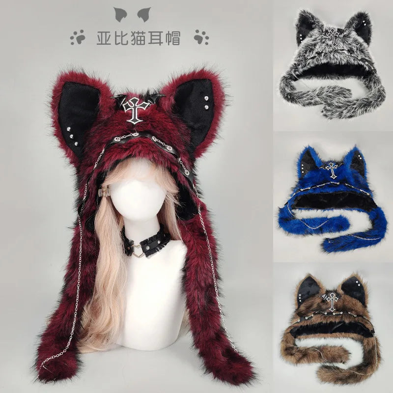 Furry Cat Ear Hat with Cross, Chains & Ear Flaps