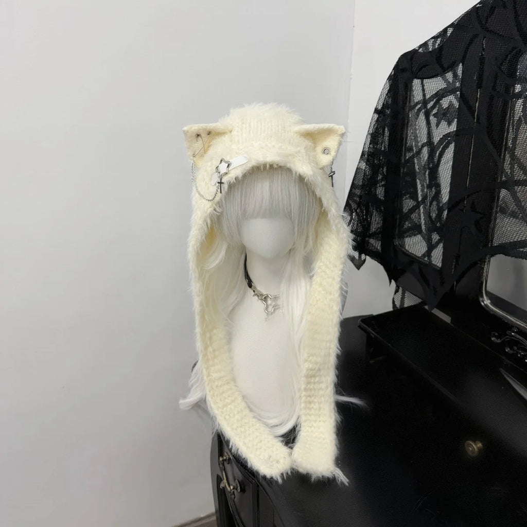 Fuzzy Cat Ear Hood Hat with Charms & Chain
