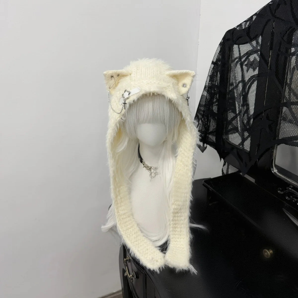 Fuzzy Cat Ear Hood Hat with Charms & Chain