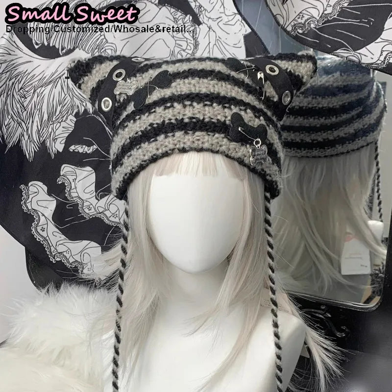 Cat Ear Ear-Flap Beanie with Pompoms