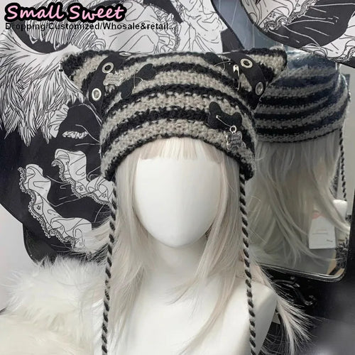 Cat Ear Ear-Flap Beanie with Pompoms