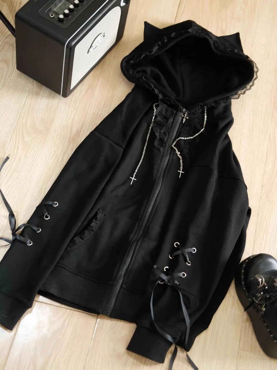 Cat Ear Cross Zip-Up Hoodie with Lace-Up Sleeves