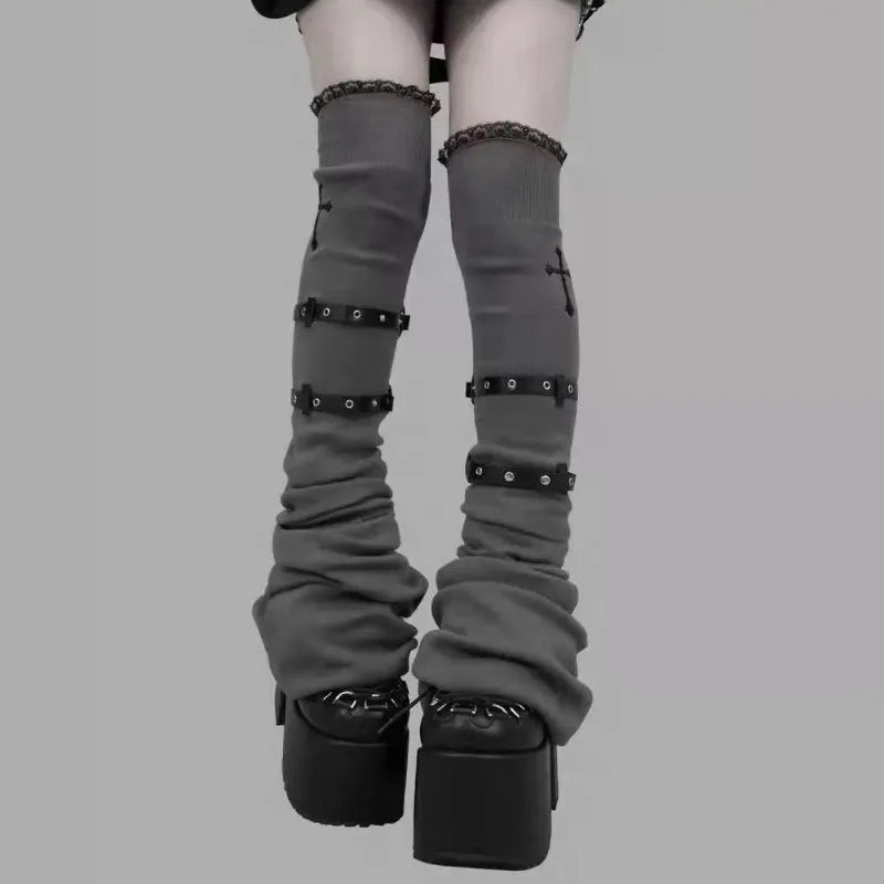 Lace Flare Leg Warmers with Cross Studs
