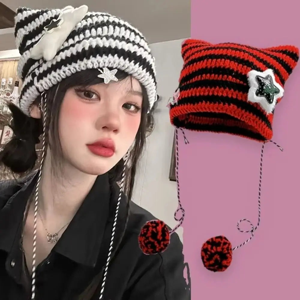 Devil Ear Striped Knit Beanie