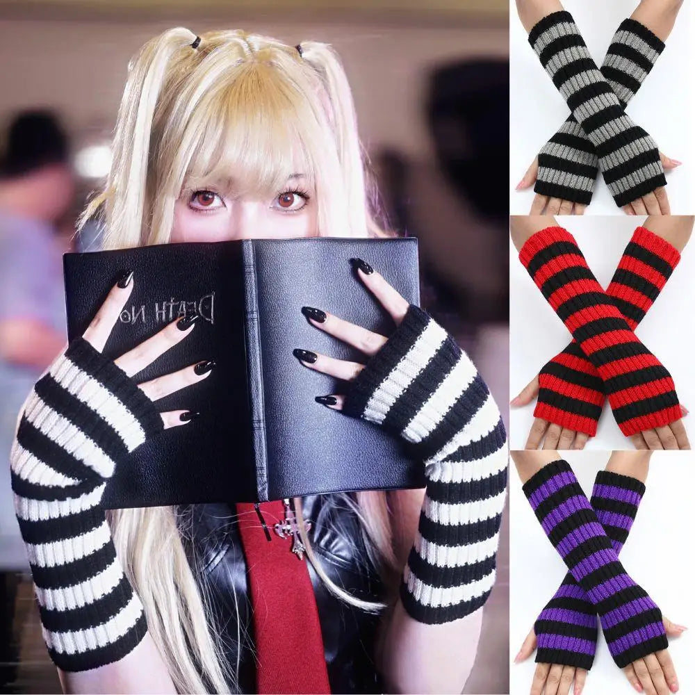 Striped Knit Arm Warmers - Gloves & Arm Warmers for Jirai Kei, gothic & kawaii style | Cute Splikes