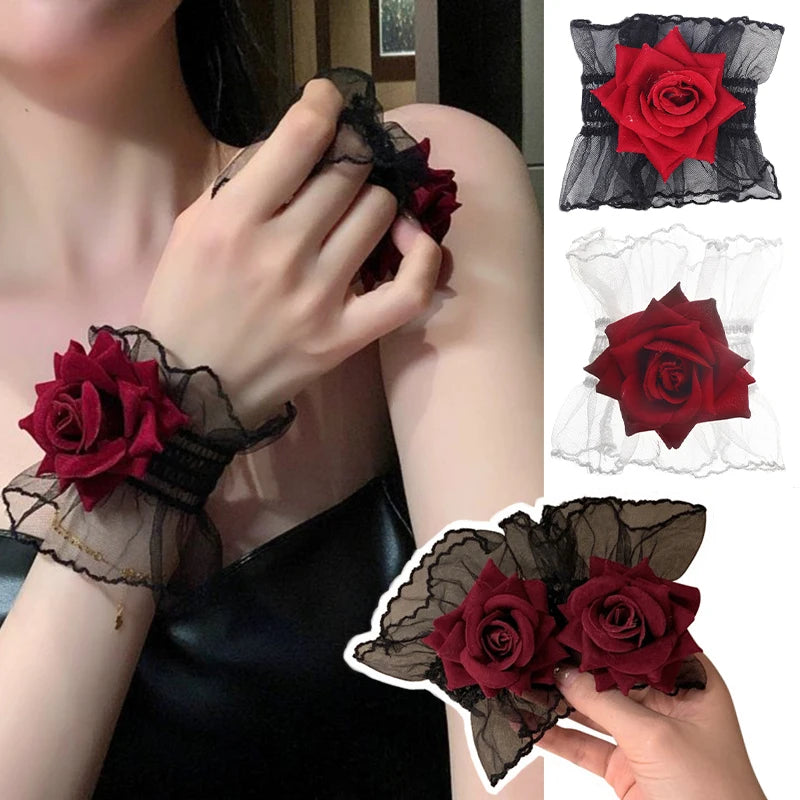 New Fashion Gothic Ruffle Lace Red Rose Wristbands Lolita Charm Bracelets Flower Mesh Hand Ornaments Lace Wristbands Accessories