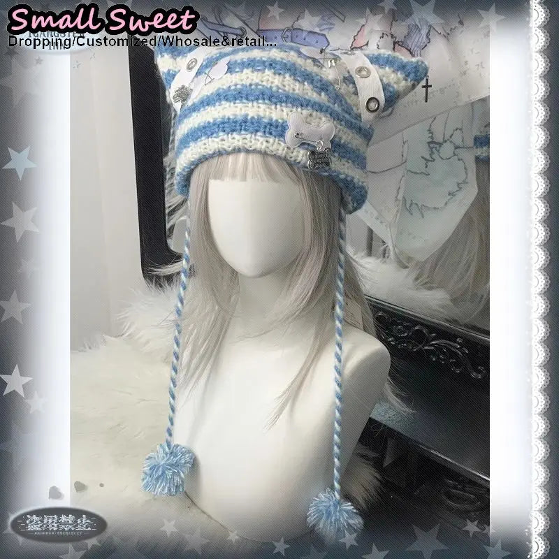 Cat Ear Ear-Flap Beanie with Pompoms