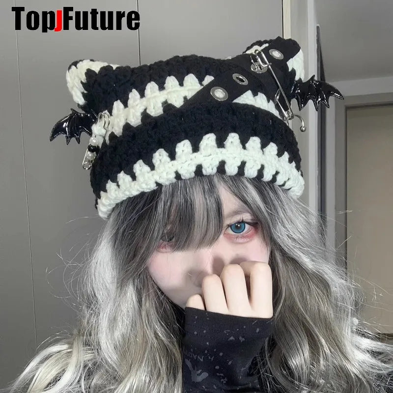 Crochet Cat Ear Beanie with Bat Wing Charms