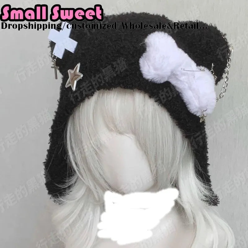 Fuzzy Bear Ear Hat with Cross & Star Charm