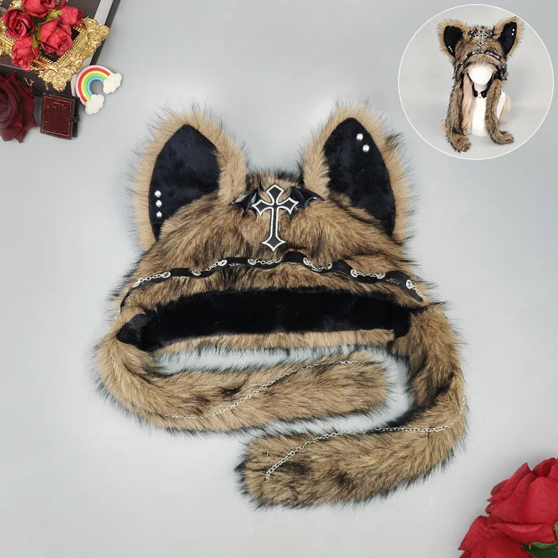 Furry Cat Ear Hat with Cross, Chains & Ear Flaps