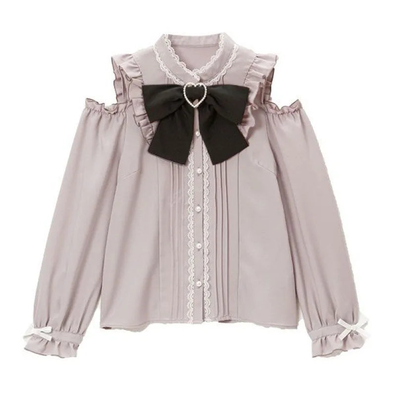 Off-Shoulder Ruffle Lolita Blouse with Heart Bow