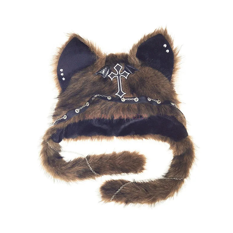 Furry Cat Ear Hat with Cross, Chains & Ear Flaps