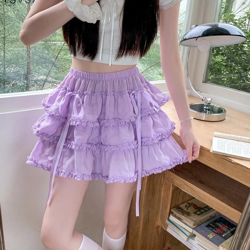 Tiered Ruffle Cake Mini Skirt with Ribbon Ties