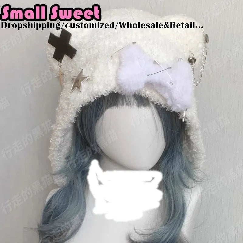 Fuzzy Bear Ear Hat with Cross & Star Charm