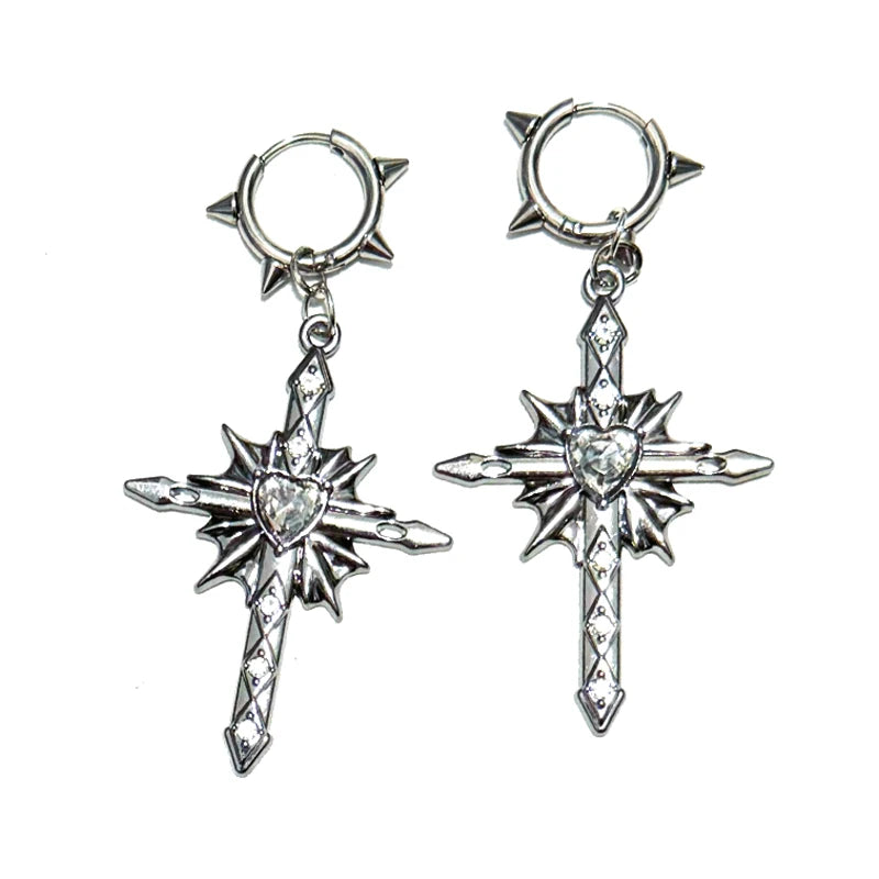 Thorn Spiked Heart Cross Drop Earrings