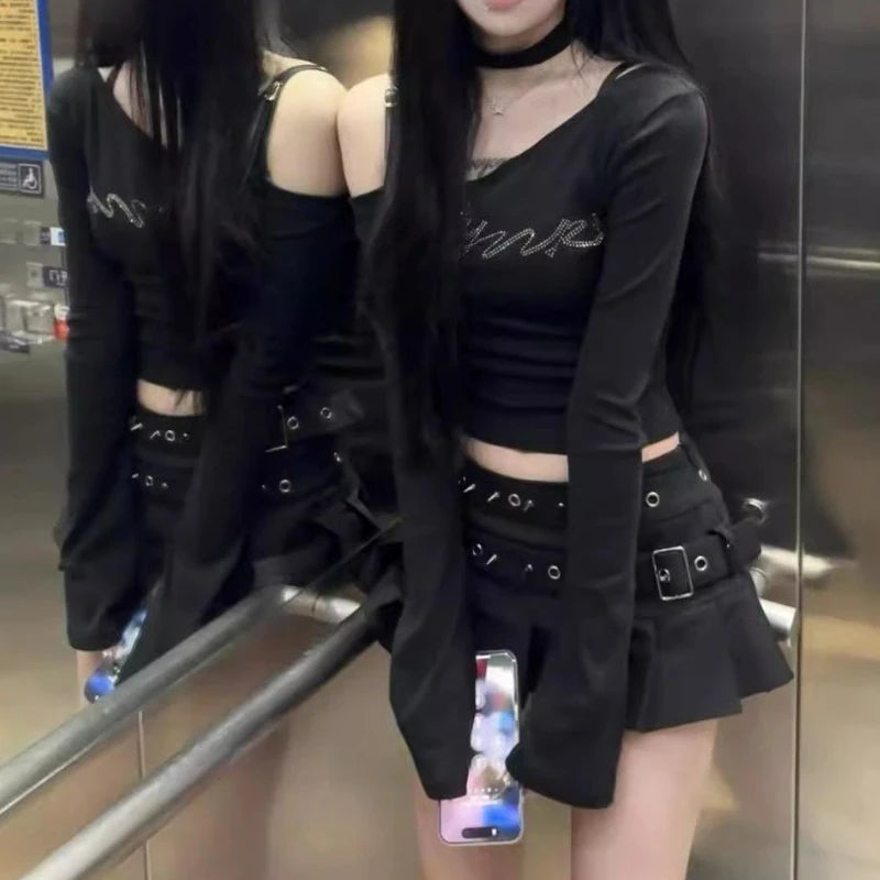 Double Belt Pleated Micro Mini Skirt