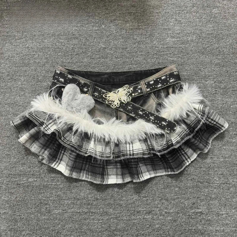 Grey Plaid Denim Ruffle Skirt with Fur Trim