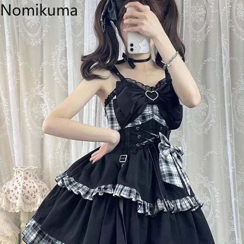Plaid Lace-Up Heart Bow Lolita Dress