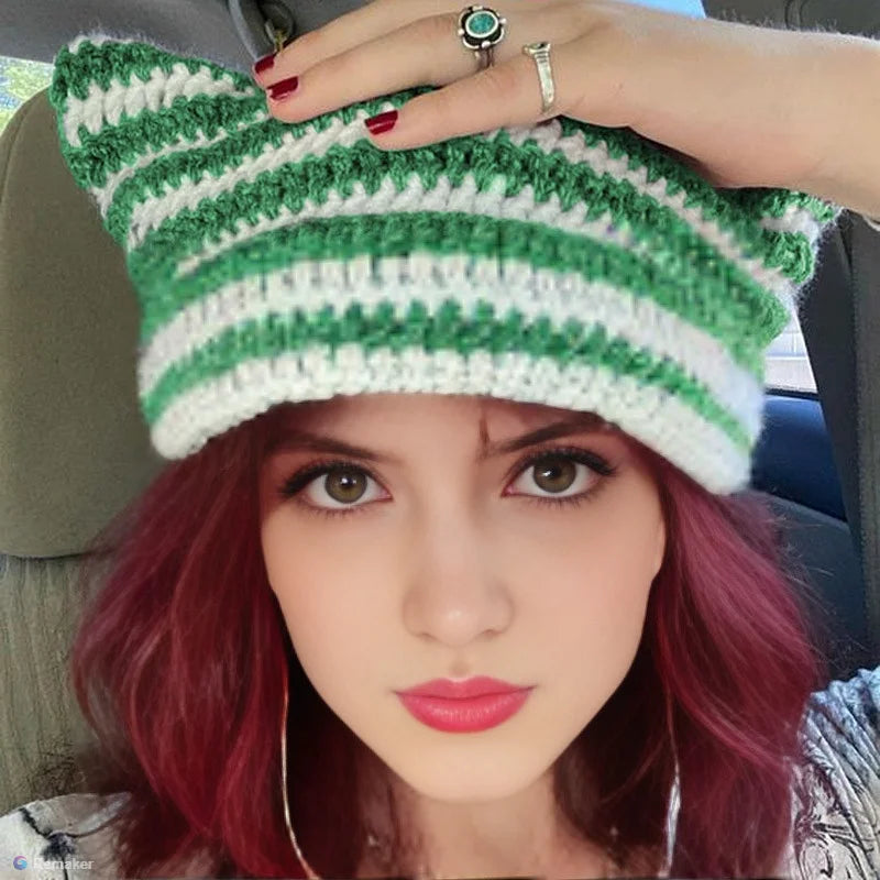 Striped Cat Ear Crochet Beanie