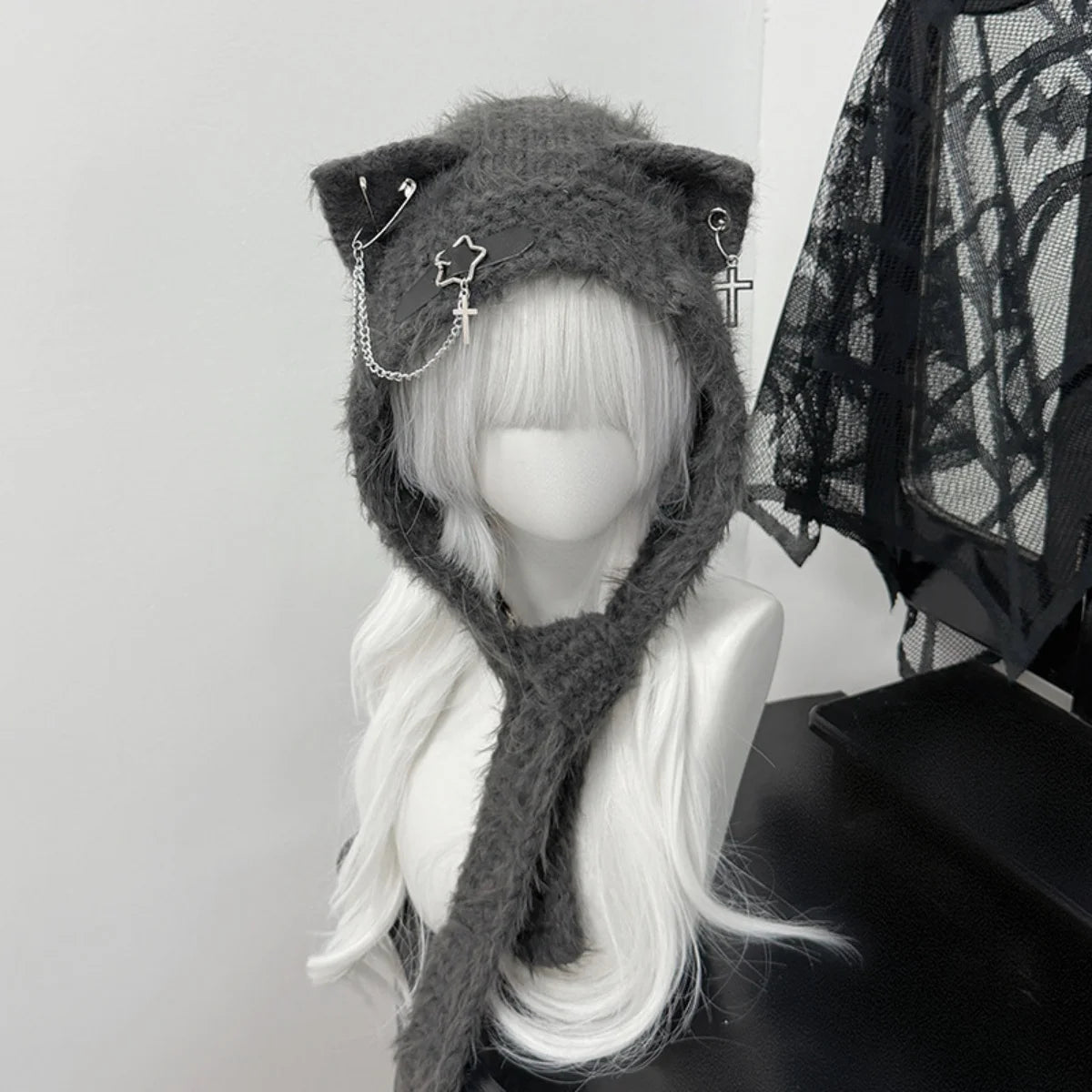 Fuzzy Cat Ear Hood Hat with Charms & Chain