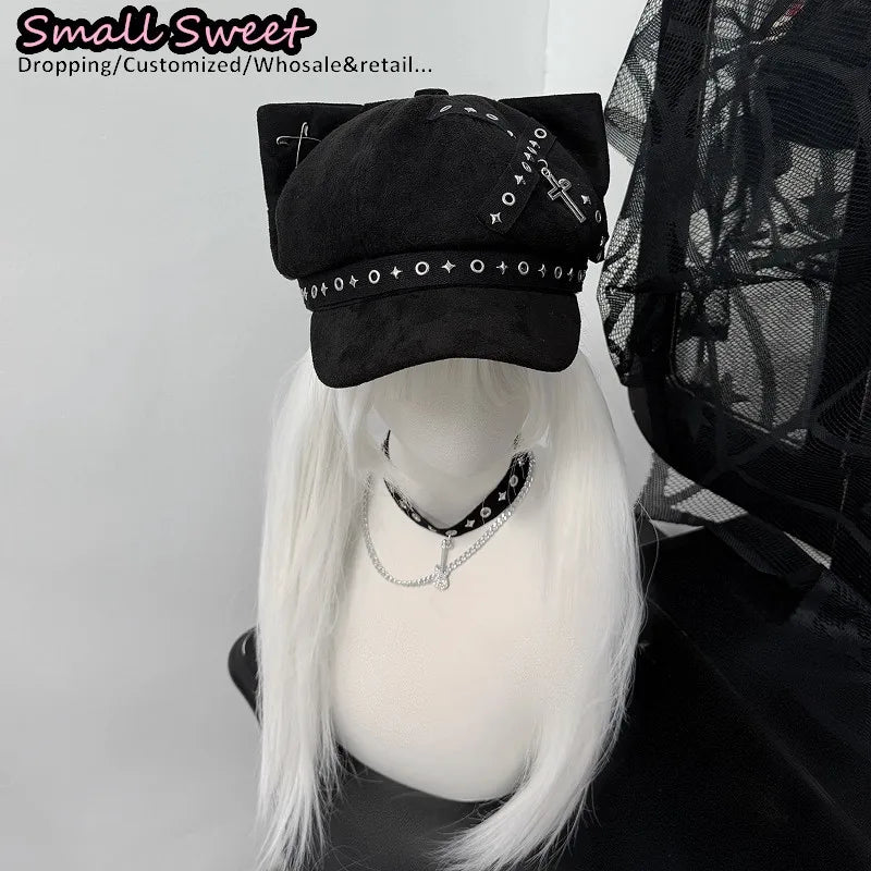 Suede Cat Ear Beret with Star & Cross
